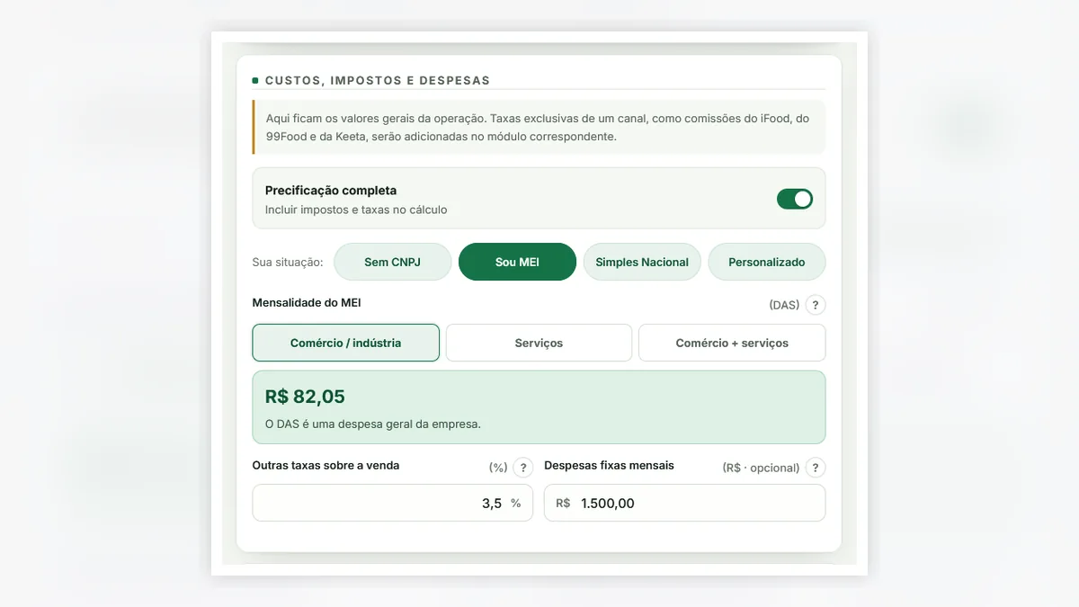 Tela com custos, impostos e percentuais usados na formação de preço