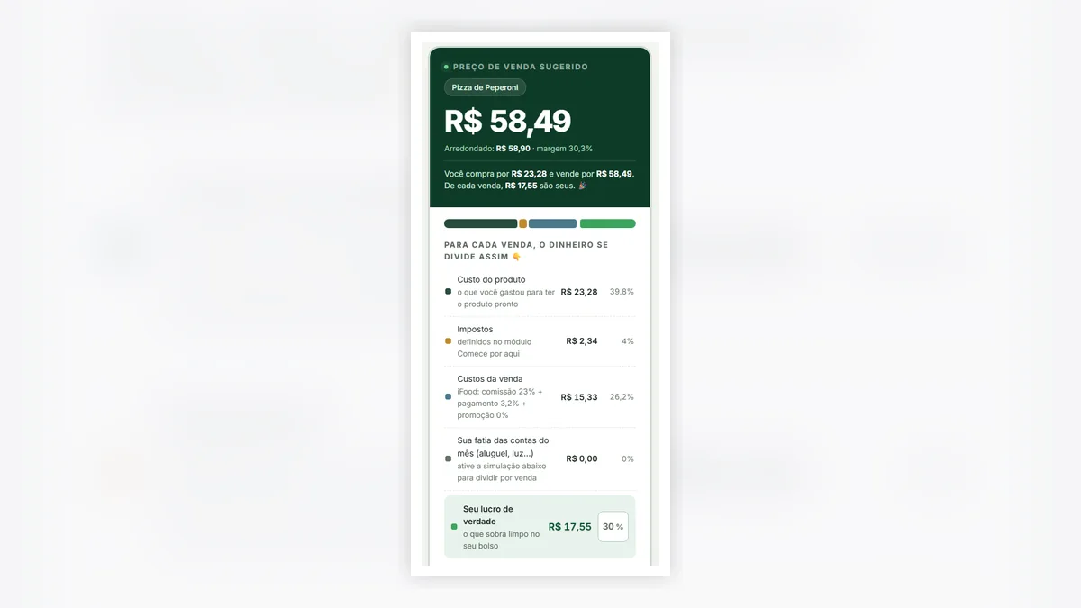 Tela da Precificação Certa com sugestão de preço de venda