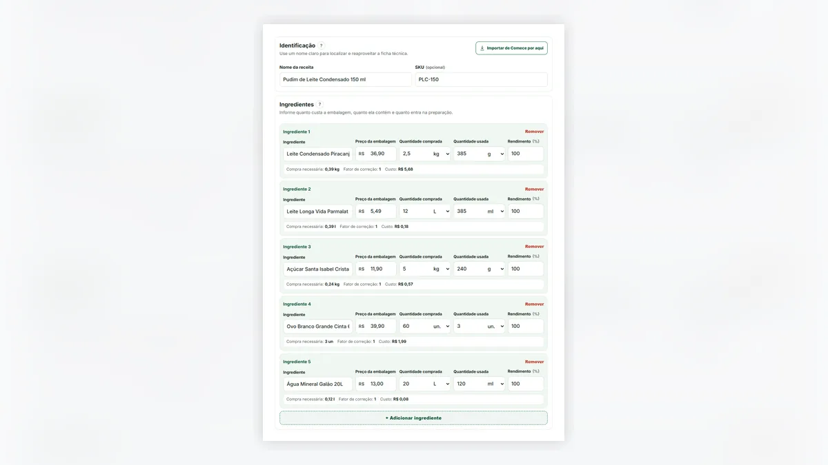Ingredientes de uma receita organizados na ficha técnica