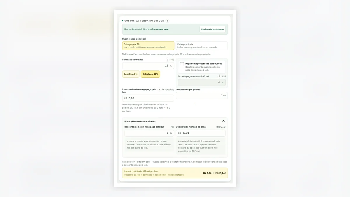 Configuração de precificação para o canal 99Food