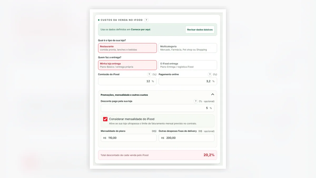 Configuração de precificação para o canal iFood