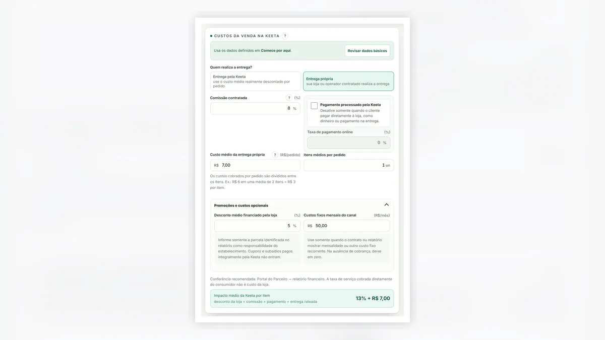 Configuração de precificação para o canal Keeta